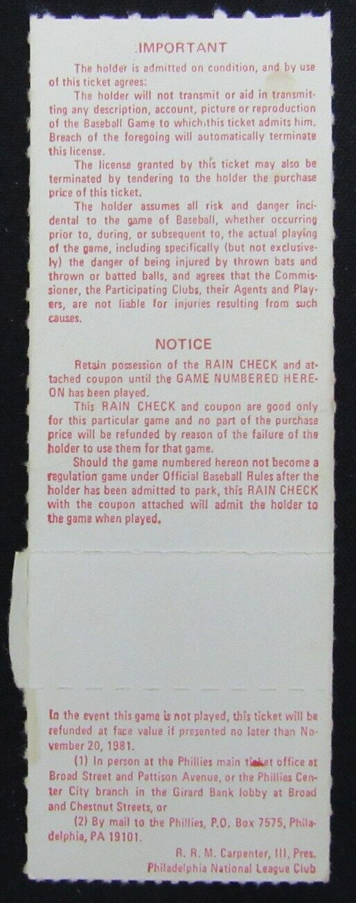 1981 NL Division Series Game 5 Phillies vs. Expos Full ticket Veterans Stadium