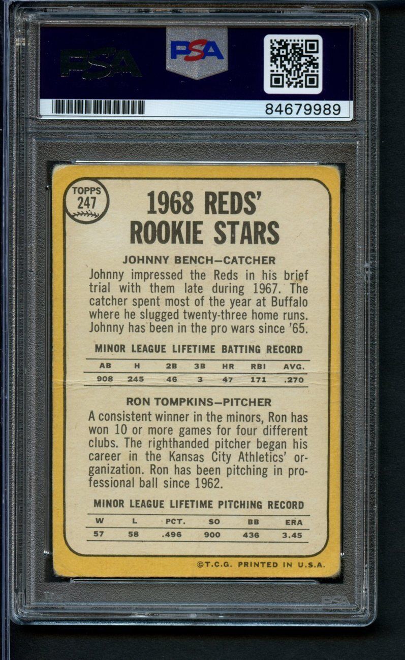 1968 TOPPS Rookie Johnny Bench HOF #247 Card Signed Reds PSA/DNA GEM MINT 10