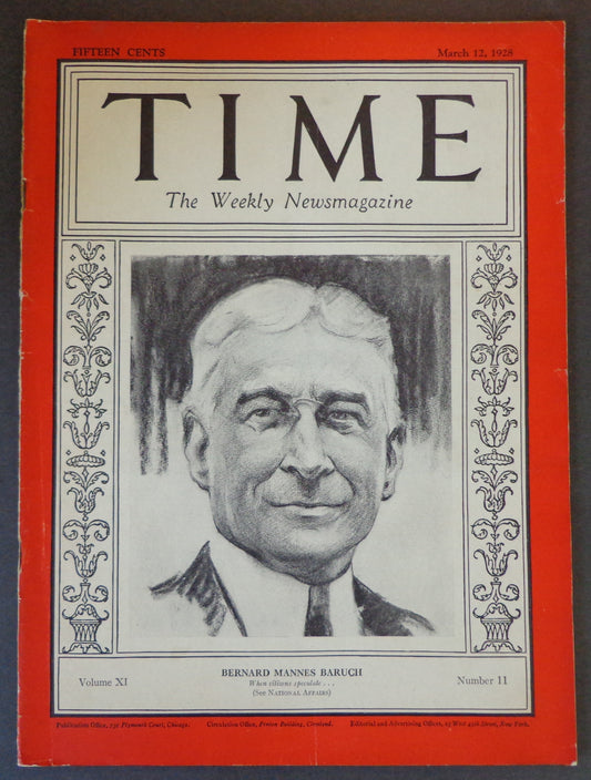 Time Magazine Vol XI No 11 March 12, 1928 Bernard Mannes Baruch183501