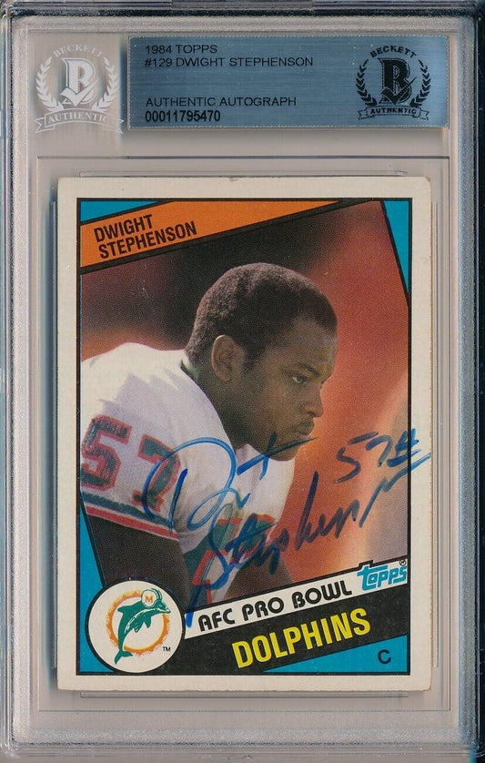 Dwight Stephenson Miami Dolphins Signed 1984 Topps RC Card #129 Beckett 147999