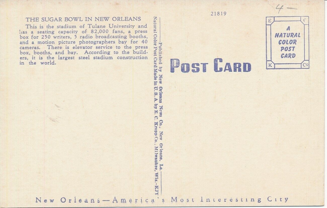 Vintage Football Themed Post Card of Sugar Bowl, New Orleans, Louisiana 149131