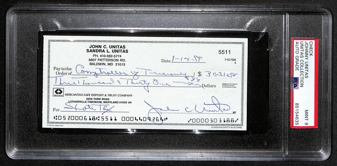 Johnny Unitas Signed 1/14/99 Check PSA/DNA MINT 9 188671