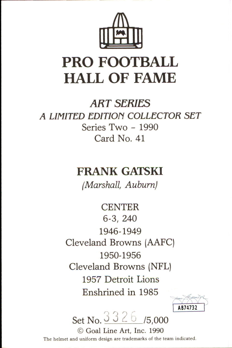 Frank Gatski HOF Autographed Goal Line Art GLAC Postcard Cleveland Browns JSA