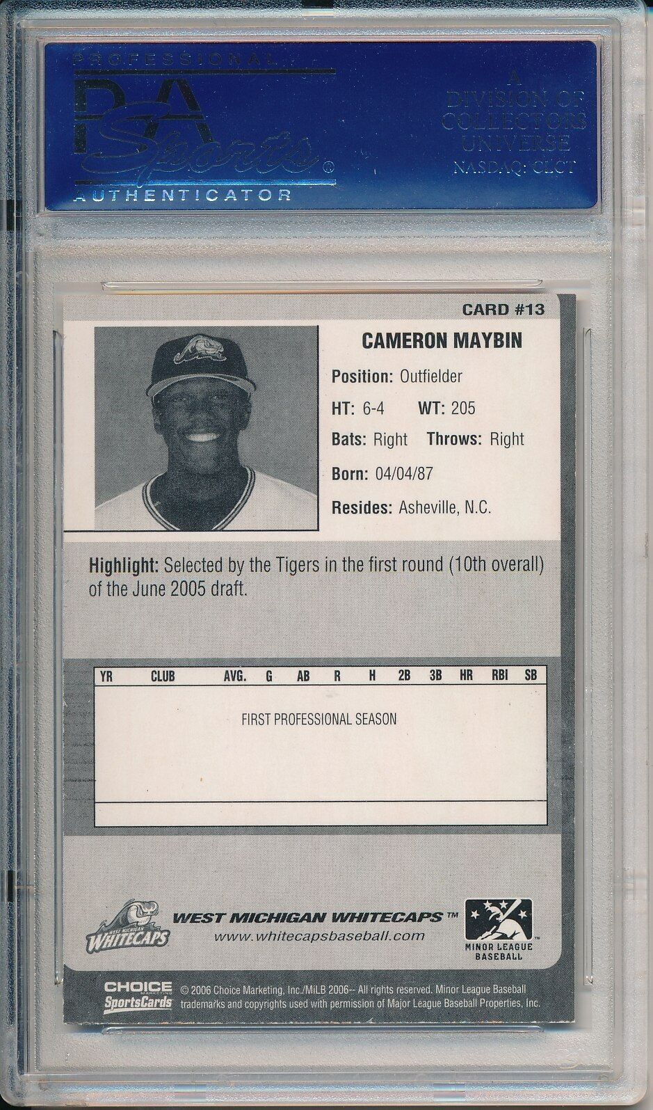 Cameron Maybin West Michigan Whitecaps Signed 2006 Choice Card #13 PSA 146627