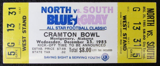 1985 Blue & Gray Cramptom Bowl North vs. South Championship Ticket Stub Pinkett