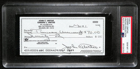 Johnny Unitas HOF Signed/Auto 2001 Bank Check Colts PSA/DNA GEM MT 10 189591