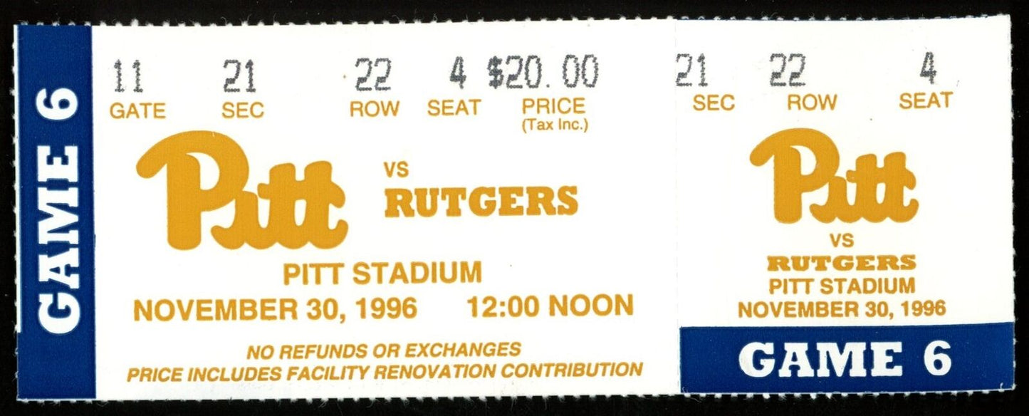 November 30, 1996 Pitt vs. Rutgers College Football Game Full Ticket