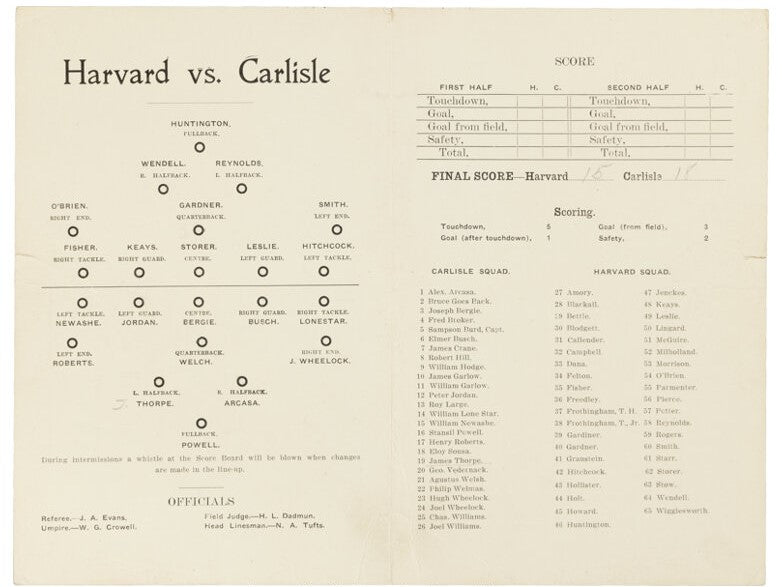 1911 Carlisle Indians (Jim Thorpe) vs. Harvard Program 187629