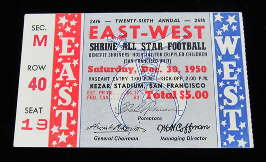 1950 Shrine Bowl East vs. West Ticket Stub, Kezar Stadium, SF California