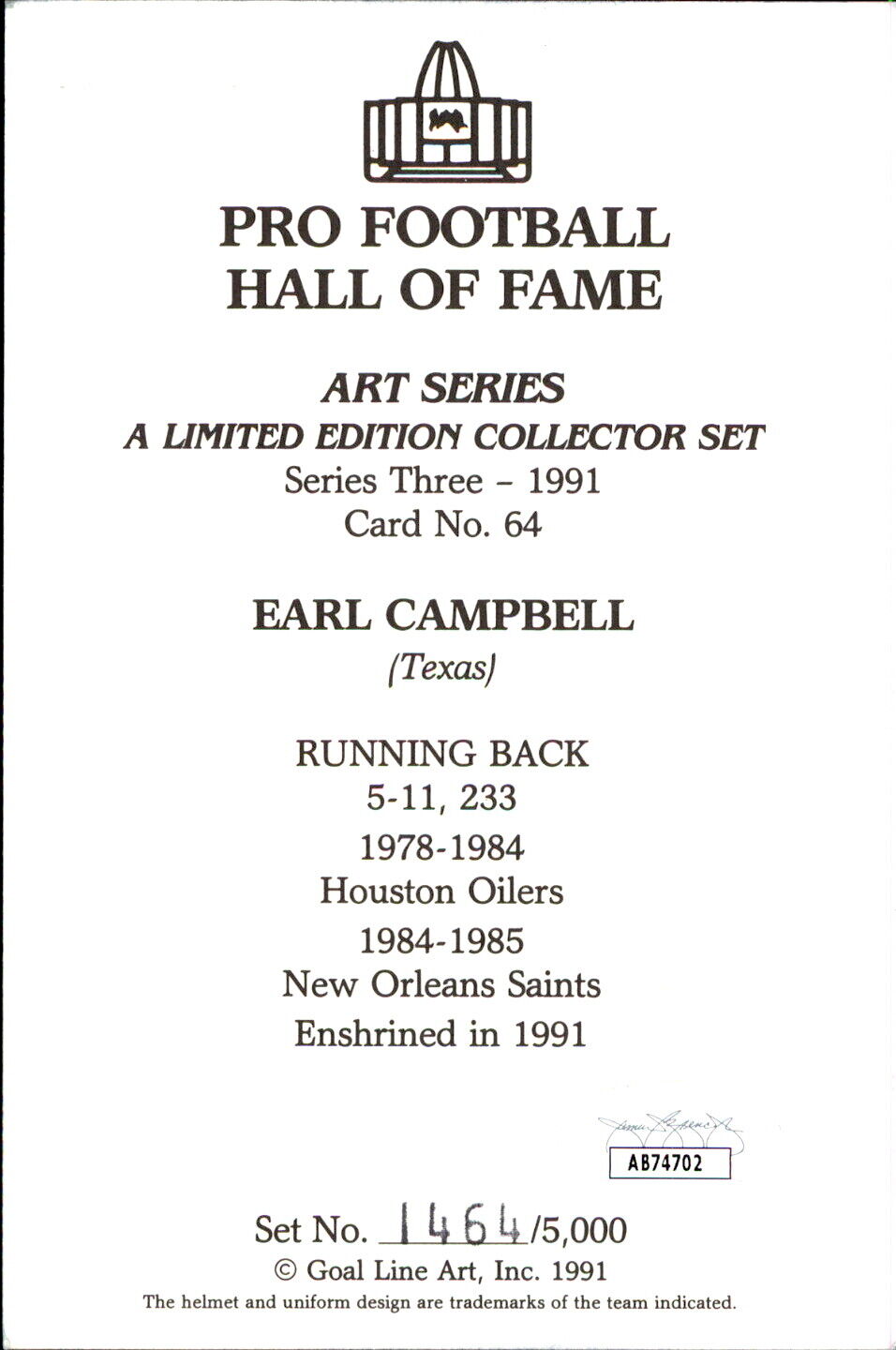 Earl Campbell HOF Autographed/Inscribed Goal Line Art GLAC Postcard Oilers JSA