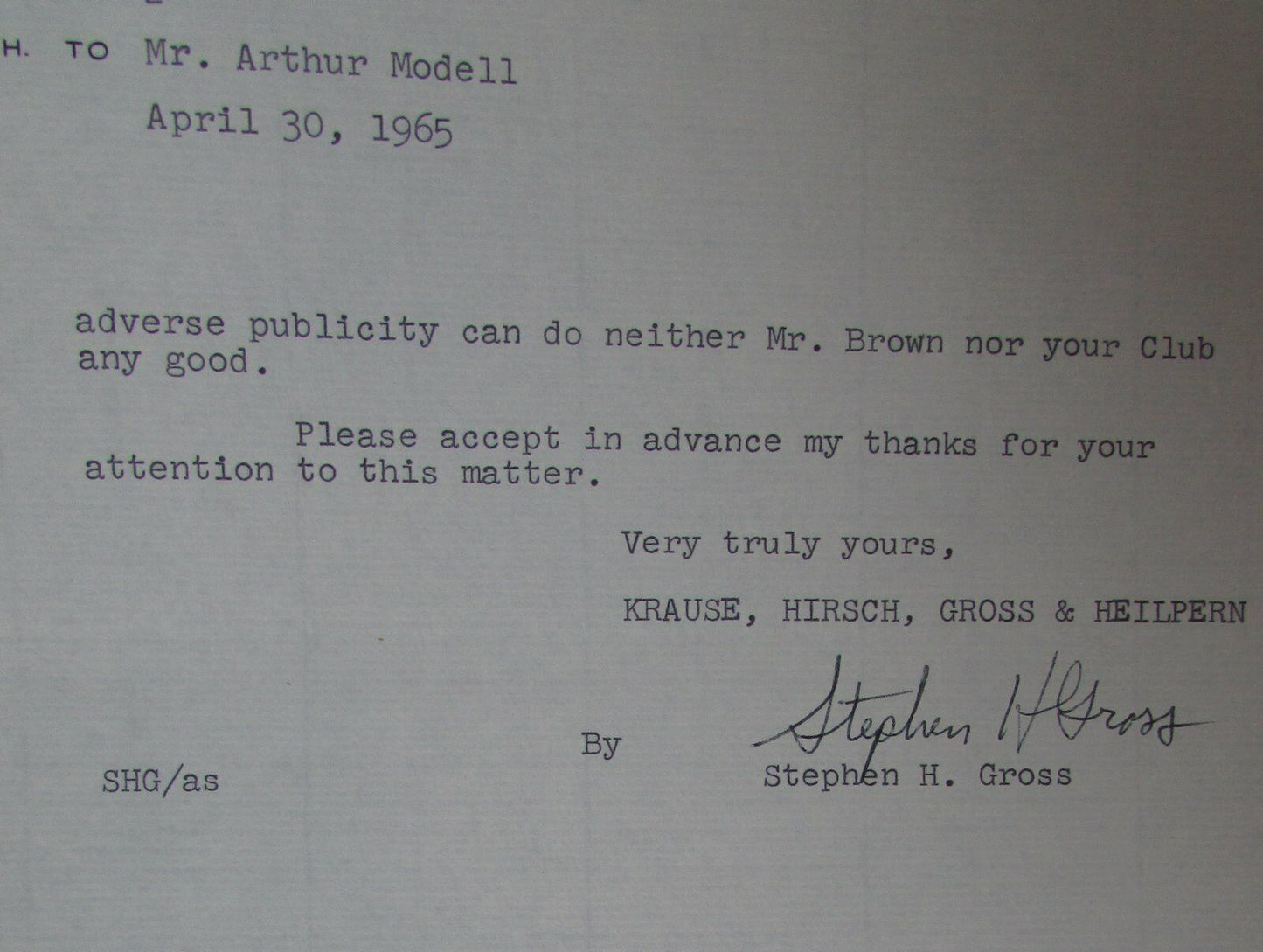 1965 Letters To and From Art Modell about Jim Brown Picture Lawsuit 145103