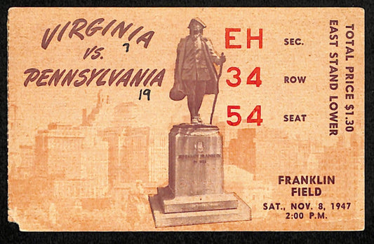 November 8, 1947 Virginia vs Penn Quakers Football Game Ticket Stub 190201