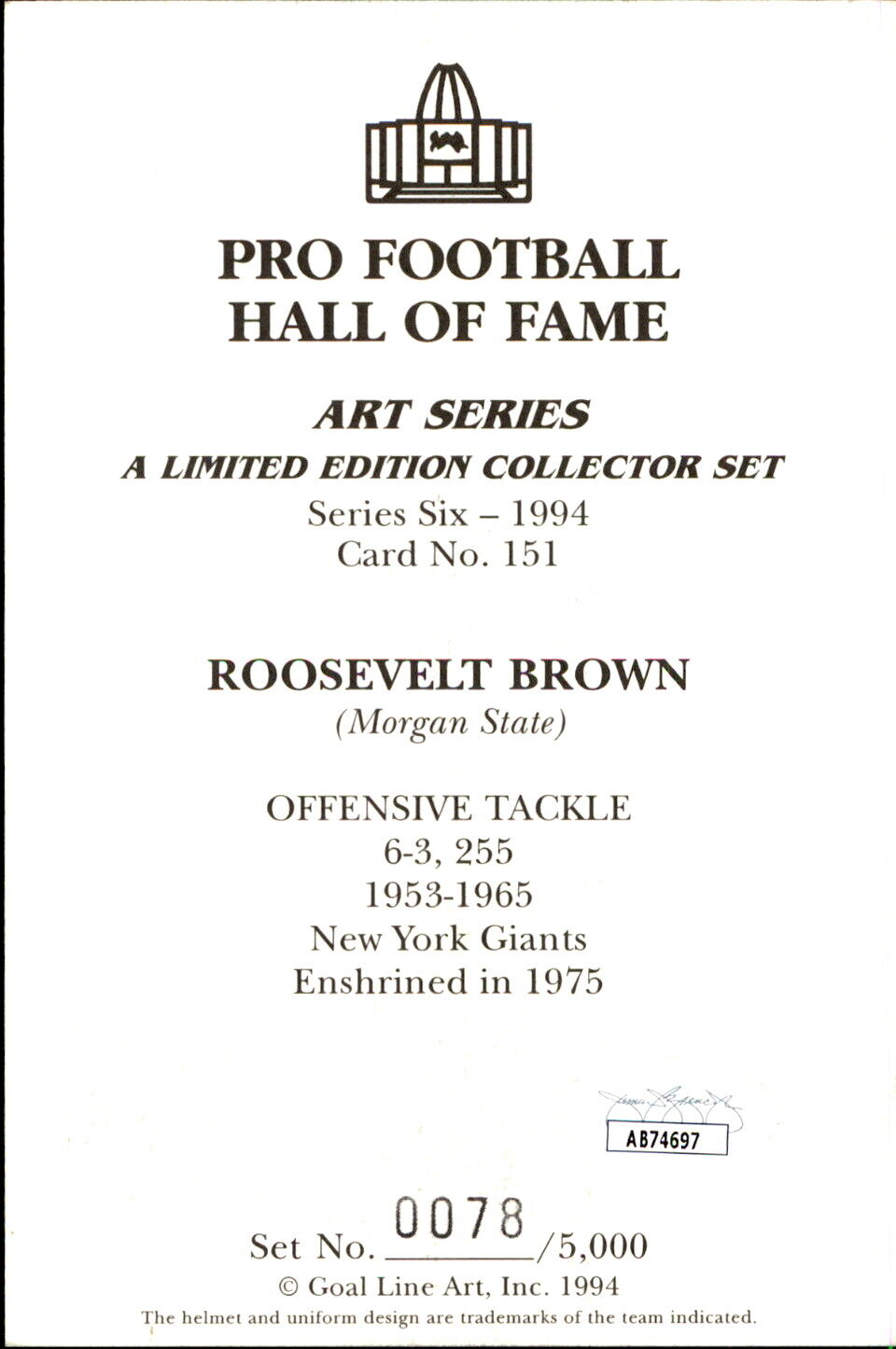 Roosevelt Brown HOF Autographed Goal Line Art GLAC Postcard New York Giants JSA