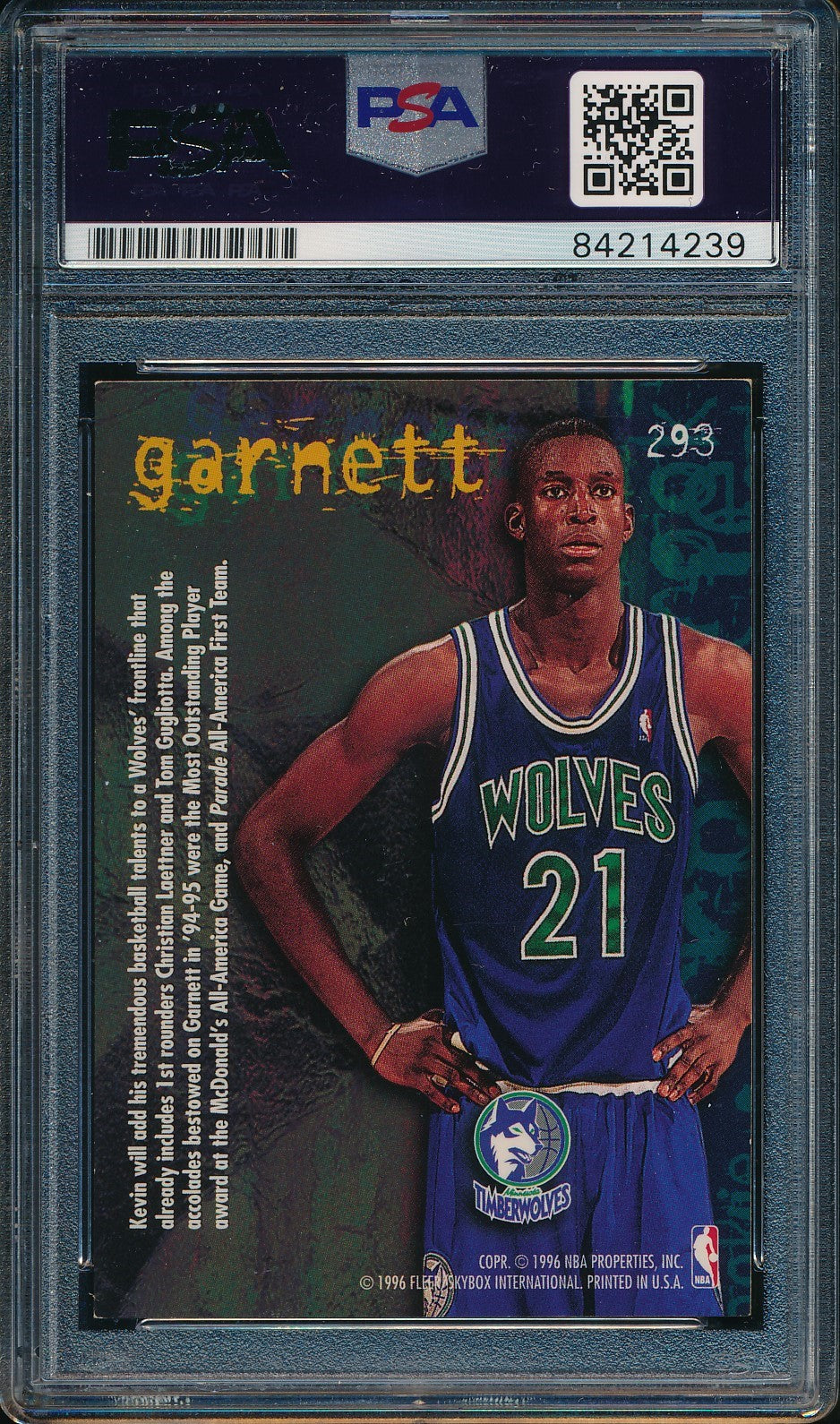 Kevin Garnett HOF Signed/Auto 1995 Fleer Rookie Card #293 Wolves PSA/DNA 193458