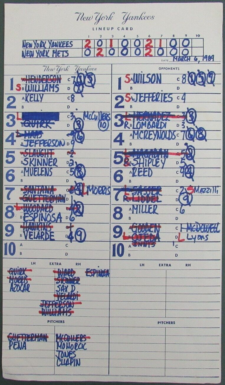 1989 New York Yankees Spring Training 9x15 Lineup Card vs Mets Hernandez 150879
