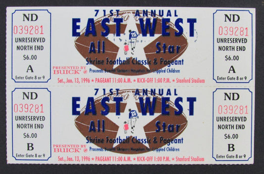 1996 East West Shrine Game (2) Full Tickets Stanford Stadium 1/13/96 M. Harrison