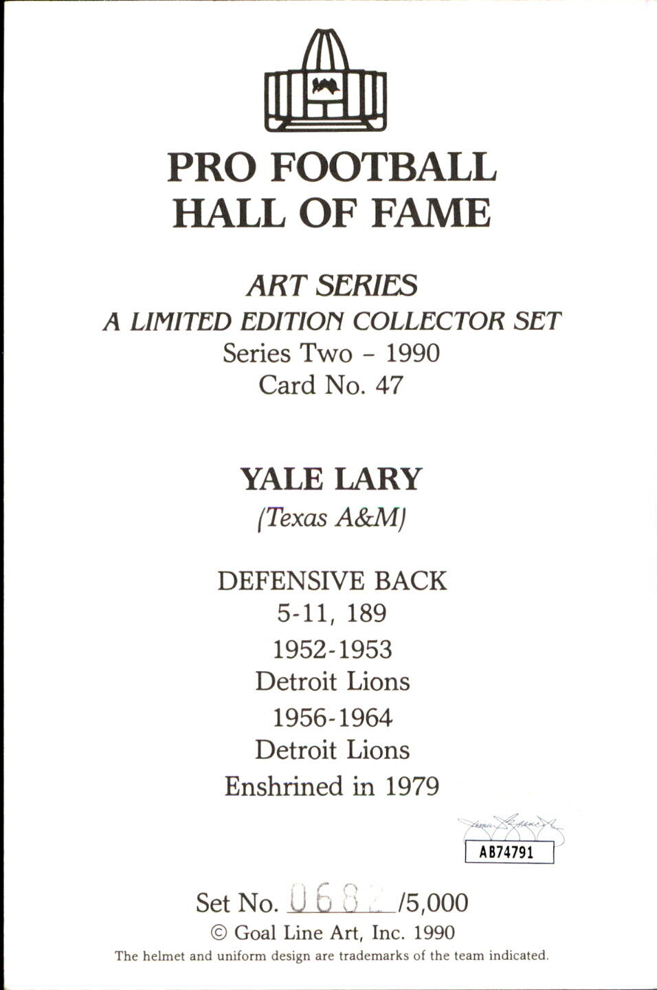 Yale Lary HOF Autographed Goal Line Art GLAC Postcard Detroit Lions JSA