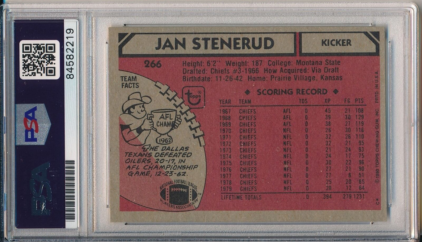 Jan Stenerud HOF Signed/Auto 1980 TOPPS Card #266 KC Chiefs PSA/DNA