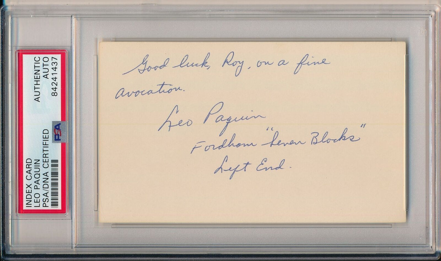 Leo Paquin Fordham 7 Blocks of Granite Signed/Auto 3x5 Index Card PSA/DNA 155381