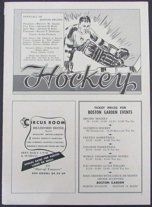 1951 Boston Bruins vs. New York Rangers Hockey Game Program Pages 1-32 183219