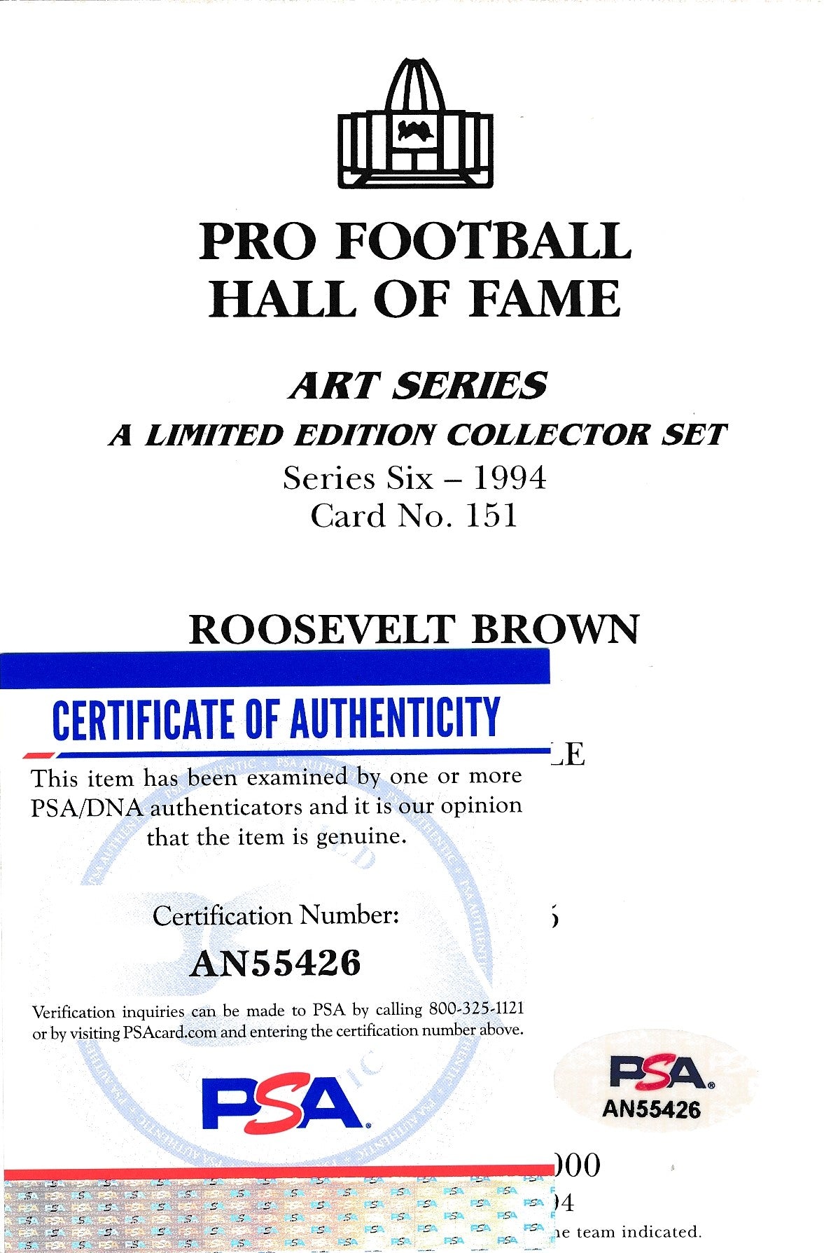 Roosevelt Brown Giants Signed 1994 GLAC/Goal Line Art Postcard PSA/DNA 186311