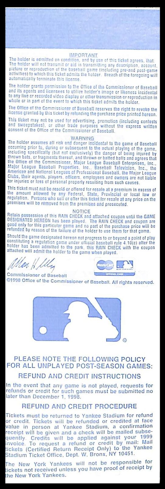 September 29, 1998 ALDS Game 1 Full Ticket Yankees vs. Rangers 179658