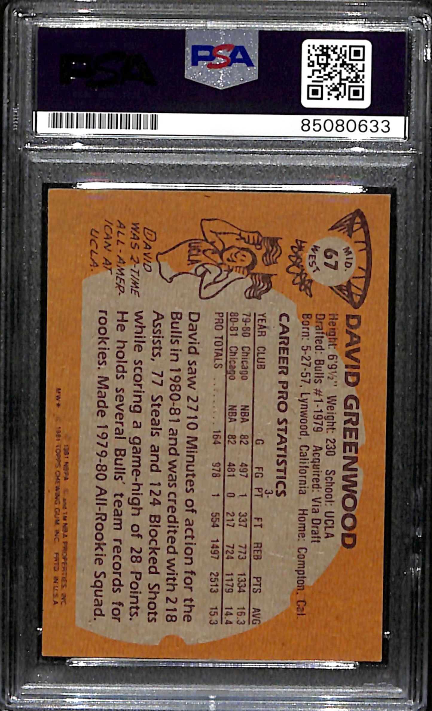 David Greenwood Signed 1981 Topps Card #67 Chicago Bulls PSA/DNA 185080