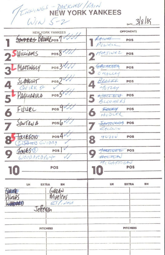 1989 New York Yankees Spring Training 5.5x8.5 Lineup Card vs. Expos 151556