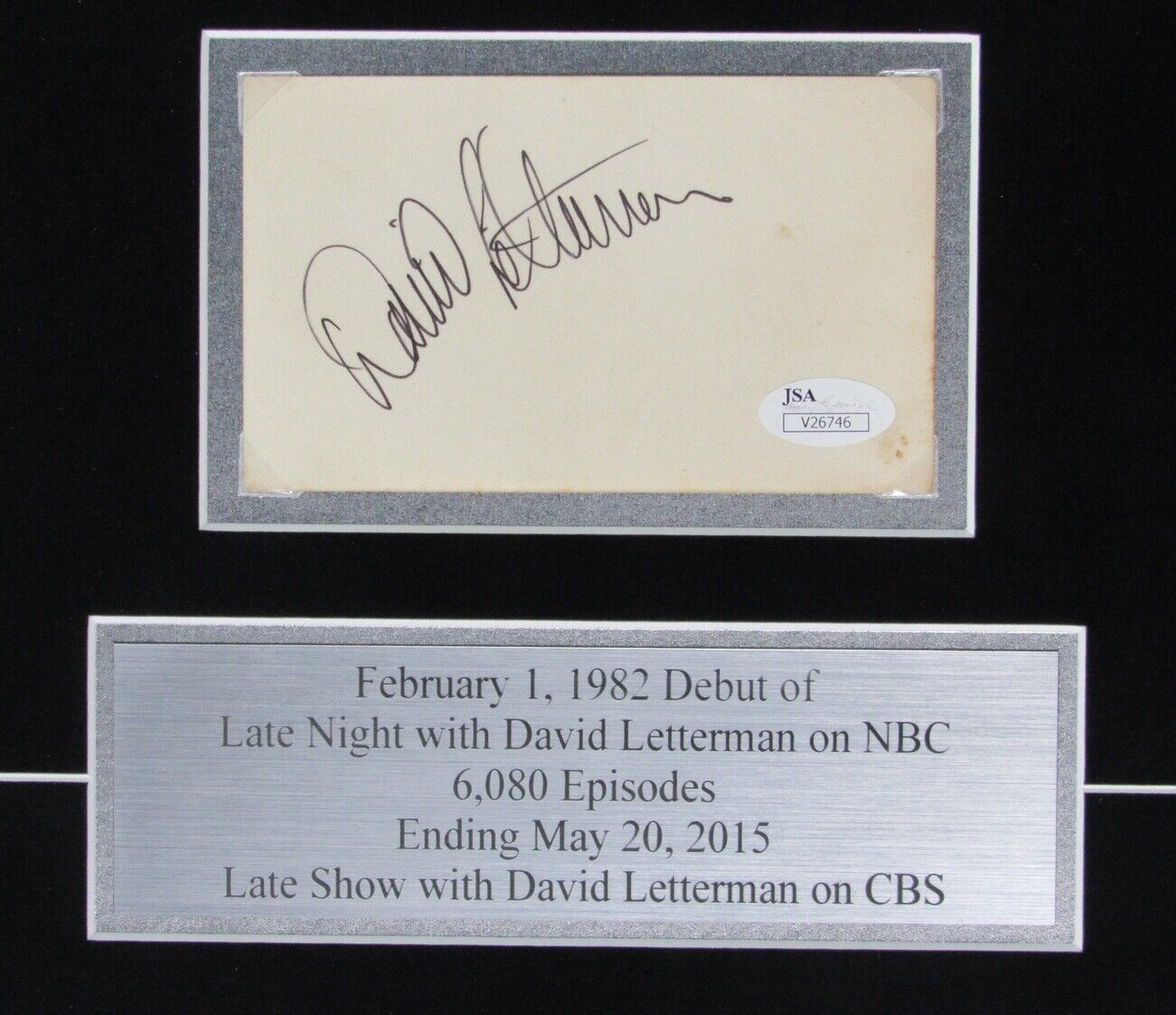 David Letterman LATE NIGHT Signed/Auto Index Card & Photo Framed JSA 157714