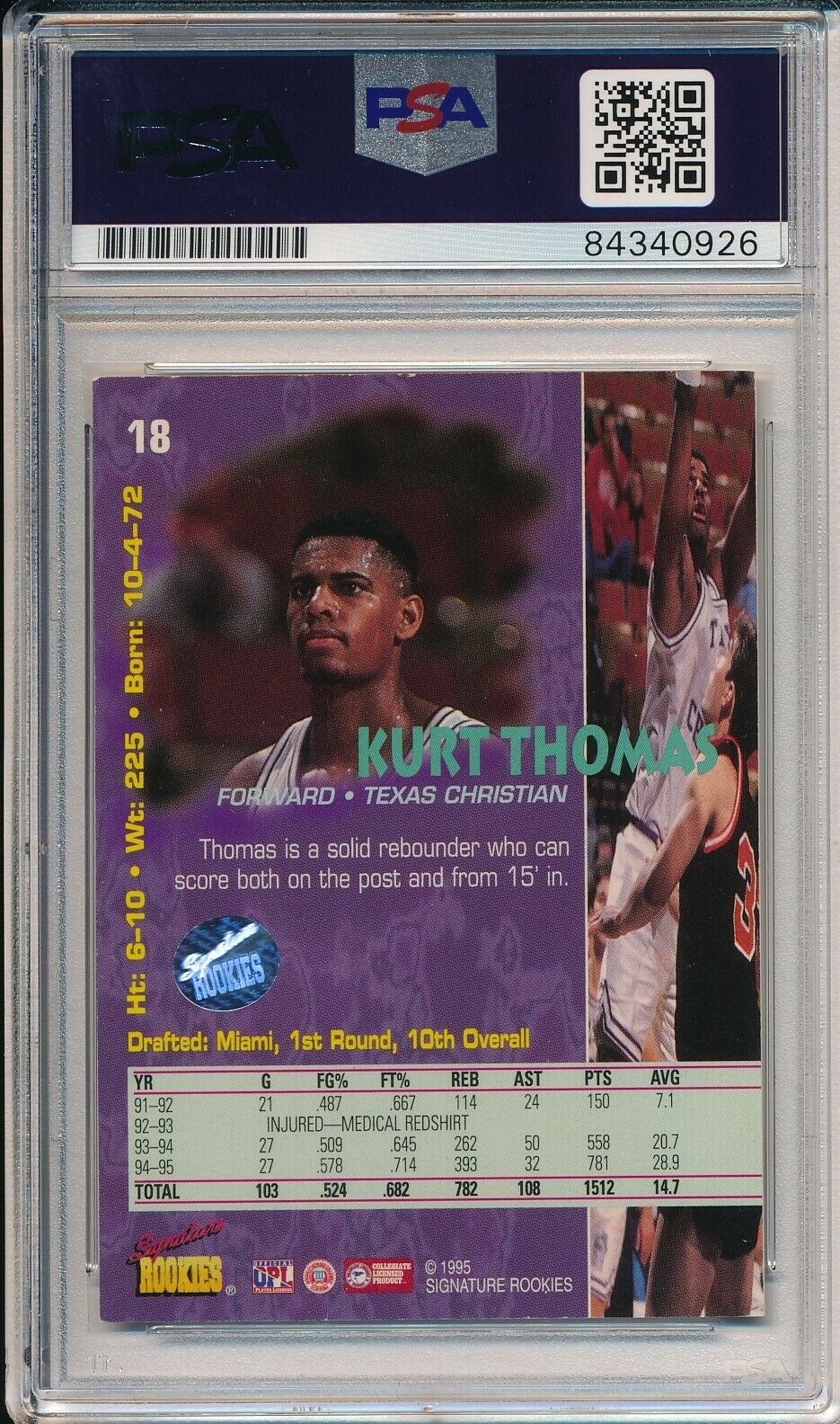 Kurt Thomas Miami Heat Signed 1995 Signature Rookies Card #15 PSA/DNA 163623