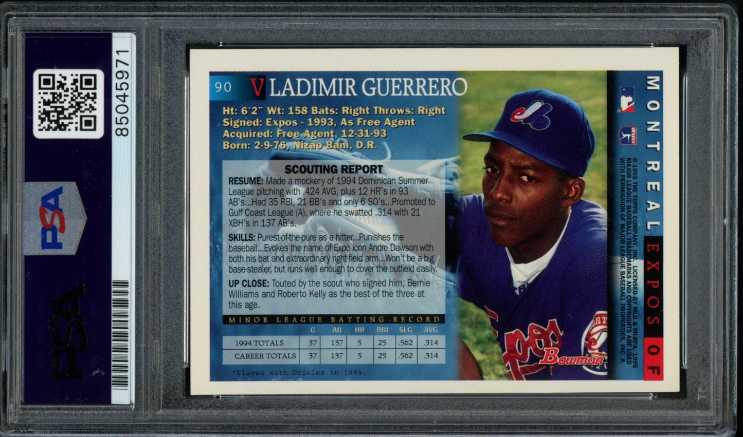 Vladimir Guerrero Montreal Expos Autographed 1995 Bowman Rookie Card #90 PSA/DNA