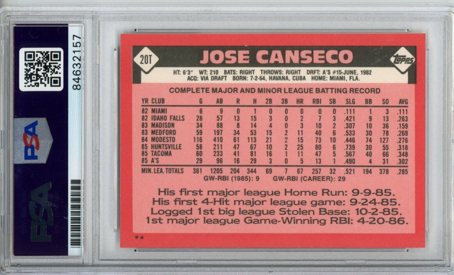 1986 TOPPS Traded Rookie #20T Jose Canseco Oakland A's PSA/DNA