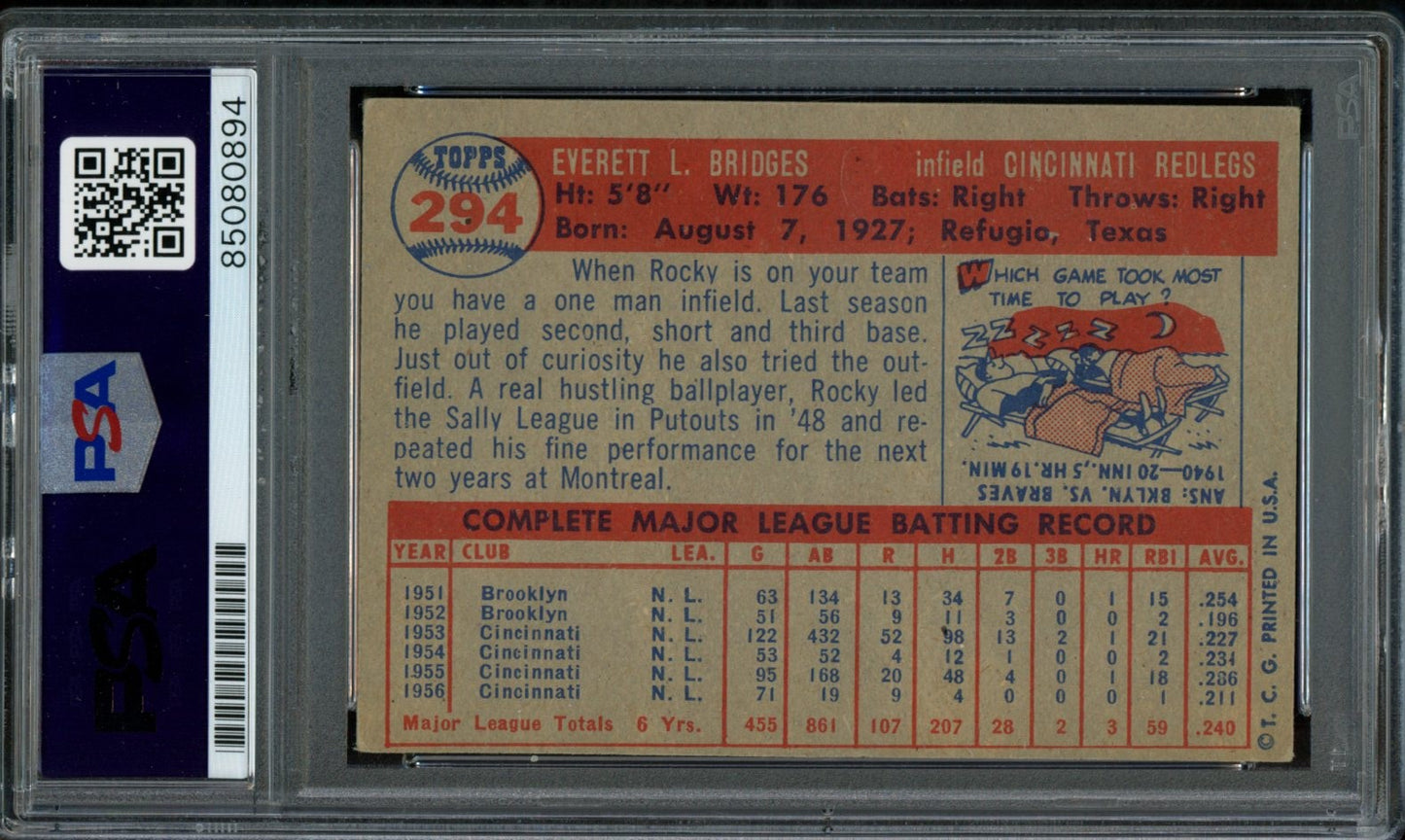 1957 TOPPS Rocky Bridges #294 Auth Card Signed Redlegs PSA/DNA 184132