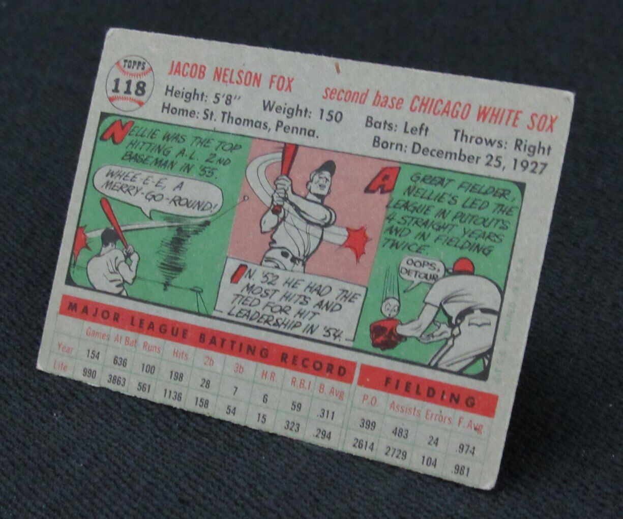 1956 Topps Nellie Fox HOF #118 Authentic Card Chicago White Sox 177003
