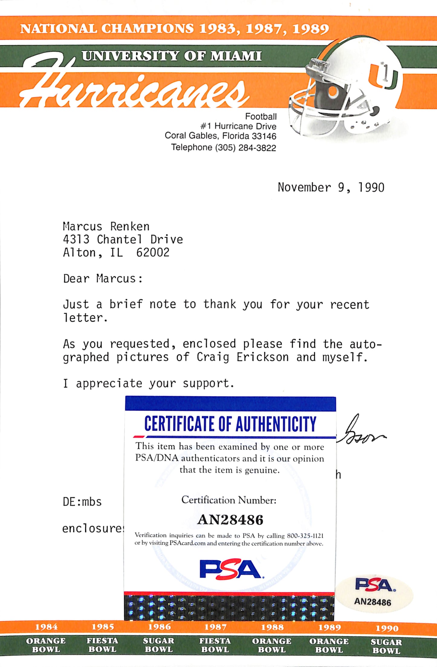 Dennis Erickson CFB HOF Signed TLS Letter University of Miami PSA/DNA 185111