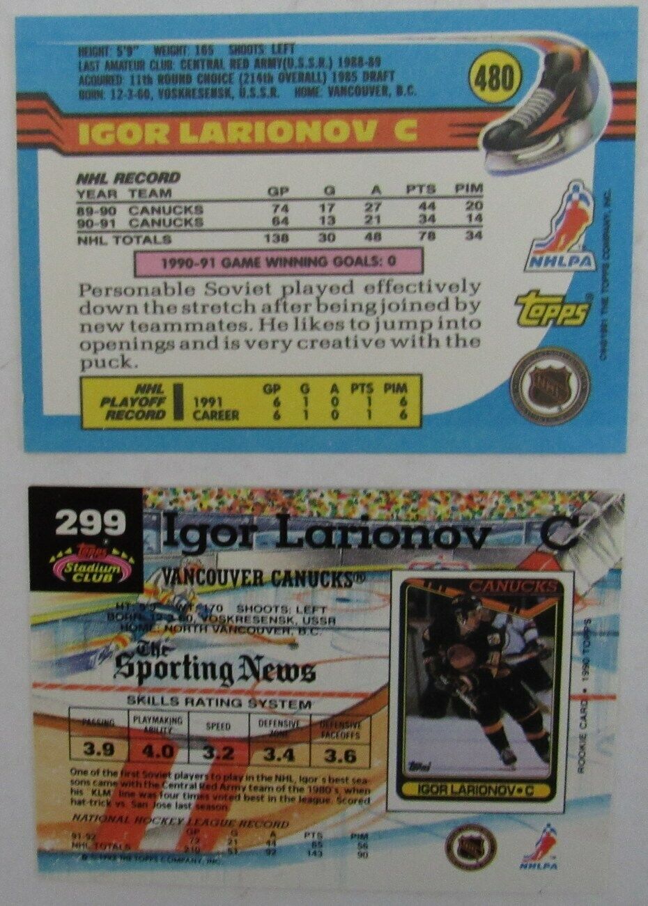 Lot of 2 Signed/Autographed Vancouver Canucks 1991-92 NHL Trading Cards 159335