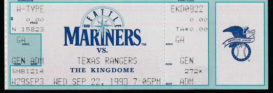 Nolan Ryan Rangers Full Ticket September 22, 1993 Mariners vs. Rangers 186492