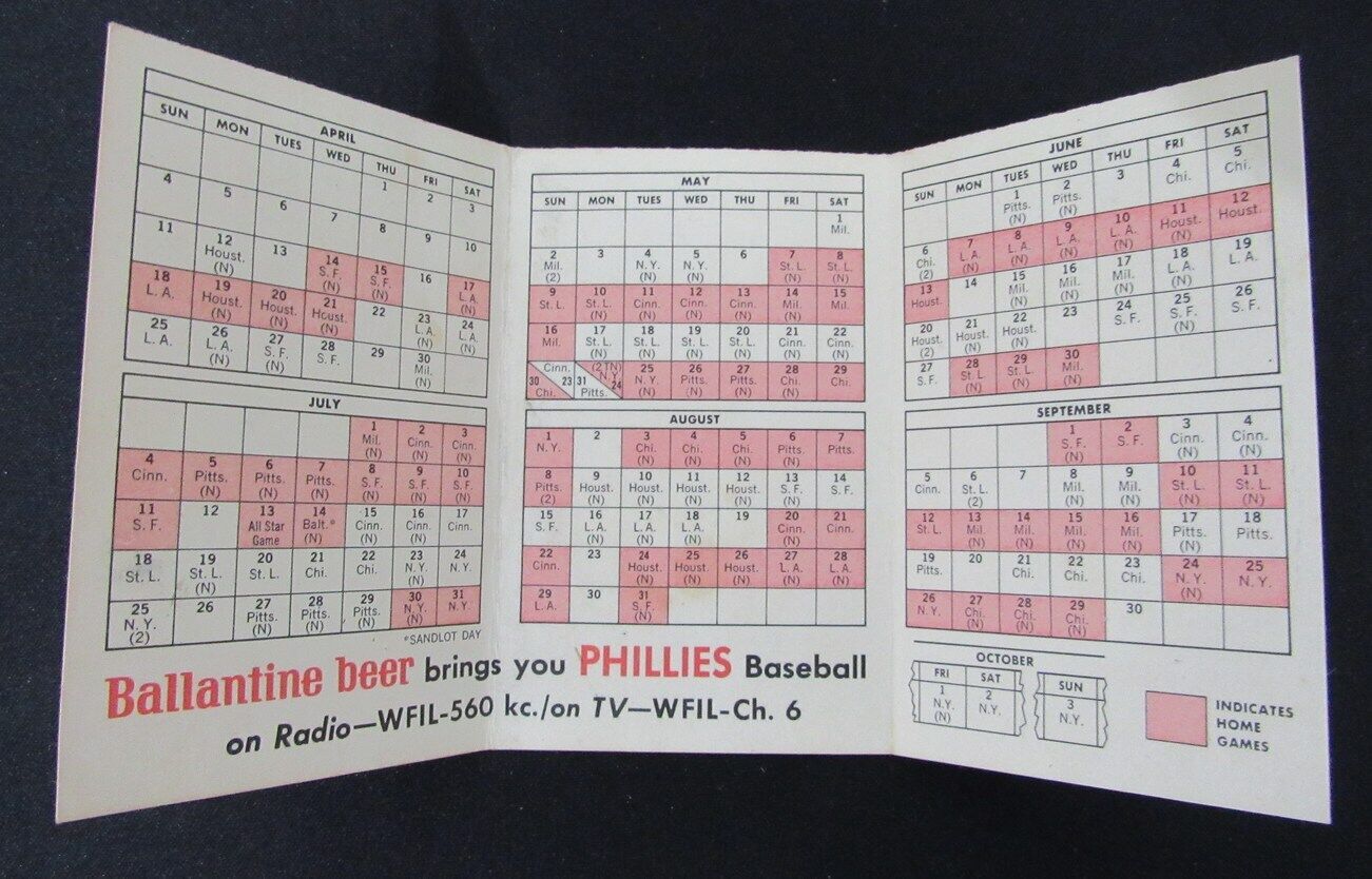 1965 Philadelphia Phillies Pocket All Games Schedule Connie Mack Stadium