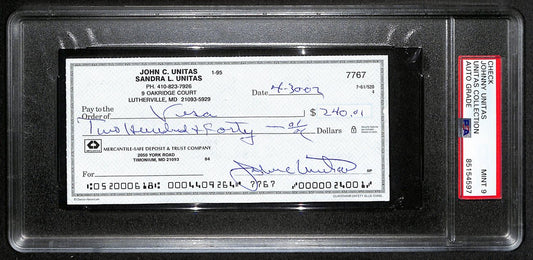 Johnny Unitas Signed 4/30/02 Check PSA/DNA MINT 9 188678