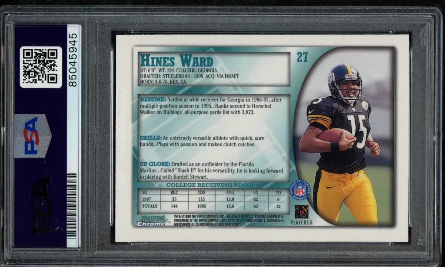 Hines Ward Steelers Autographed 1998 Bowman Rookie Card #27 PSA/DNA