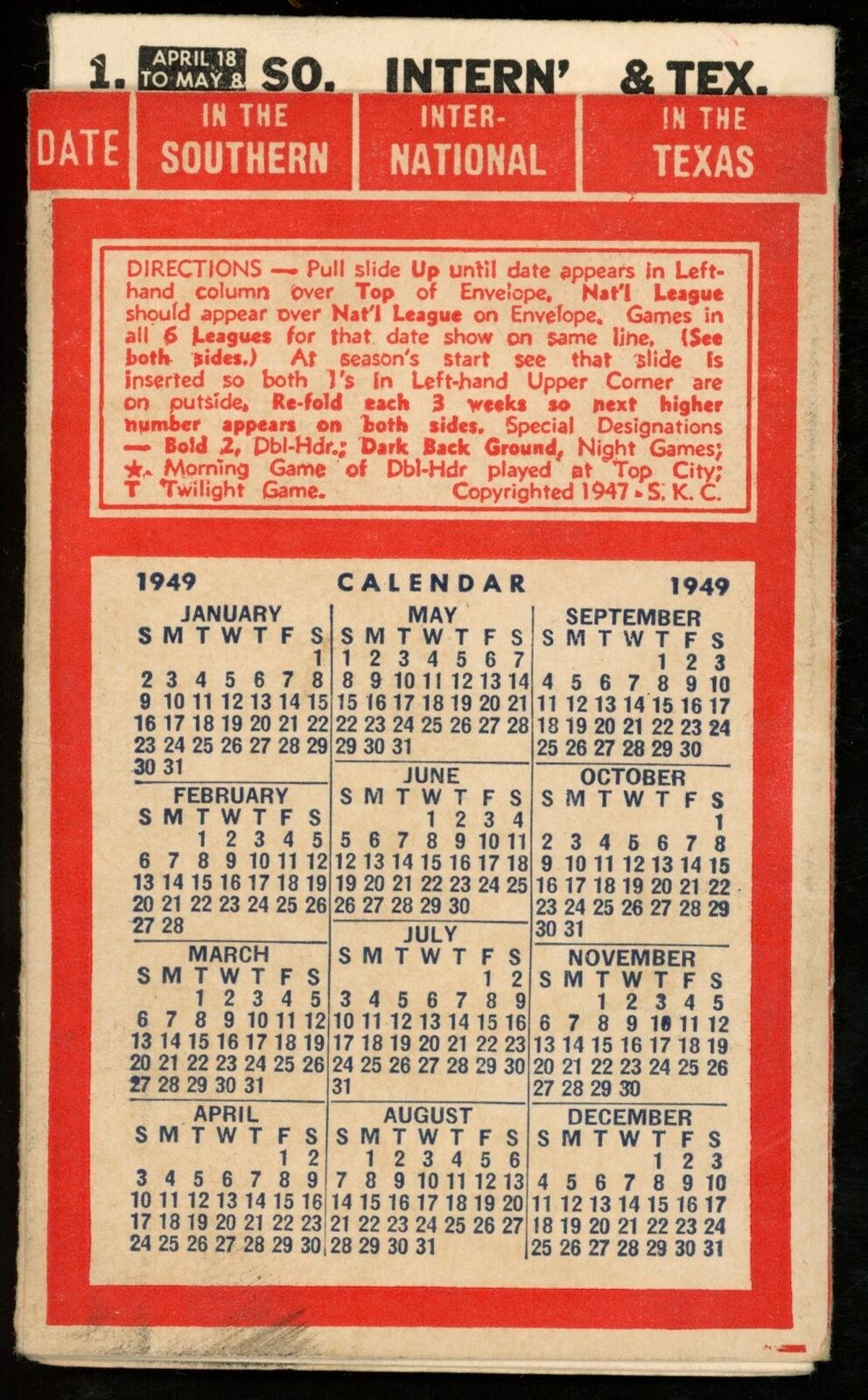 S.K.C. 1949 Six Baseball Leagues 3x5 Slide Pocket Schedule