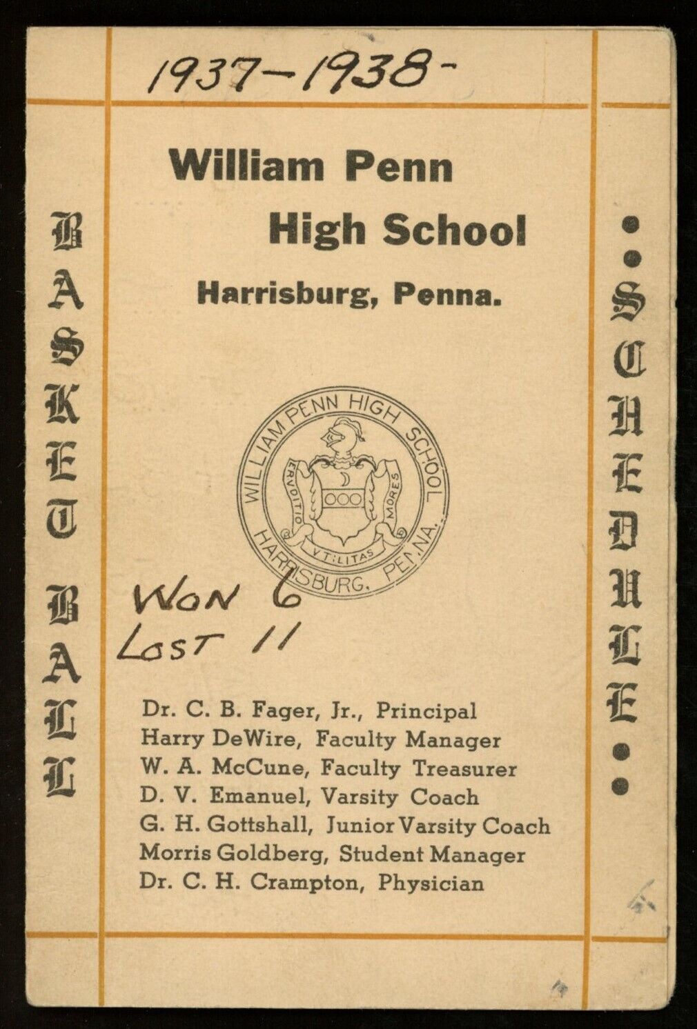 1937-38 William Penn High School Basketball 3x5 Pocket Schedule Harrisburg, PA