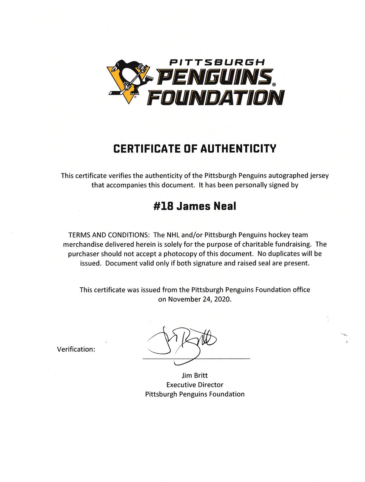 James Neal Signed Penguins Reebok Hockey Authentic Team Jersey Penguins 163110