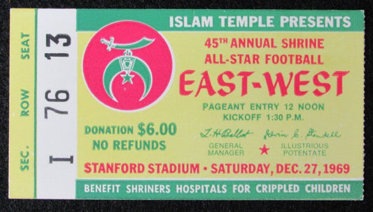 1969 East vs. West Shrine Game Ticket Stub Stanford Stadium 12/27/69