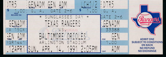 Nolan Ryan Rangers Full Ticket April 14, 1991 Rangers vs. Orioles 303 Wins186491