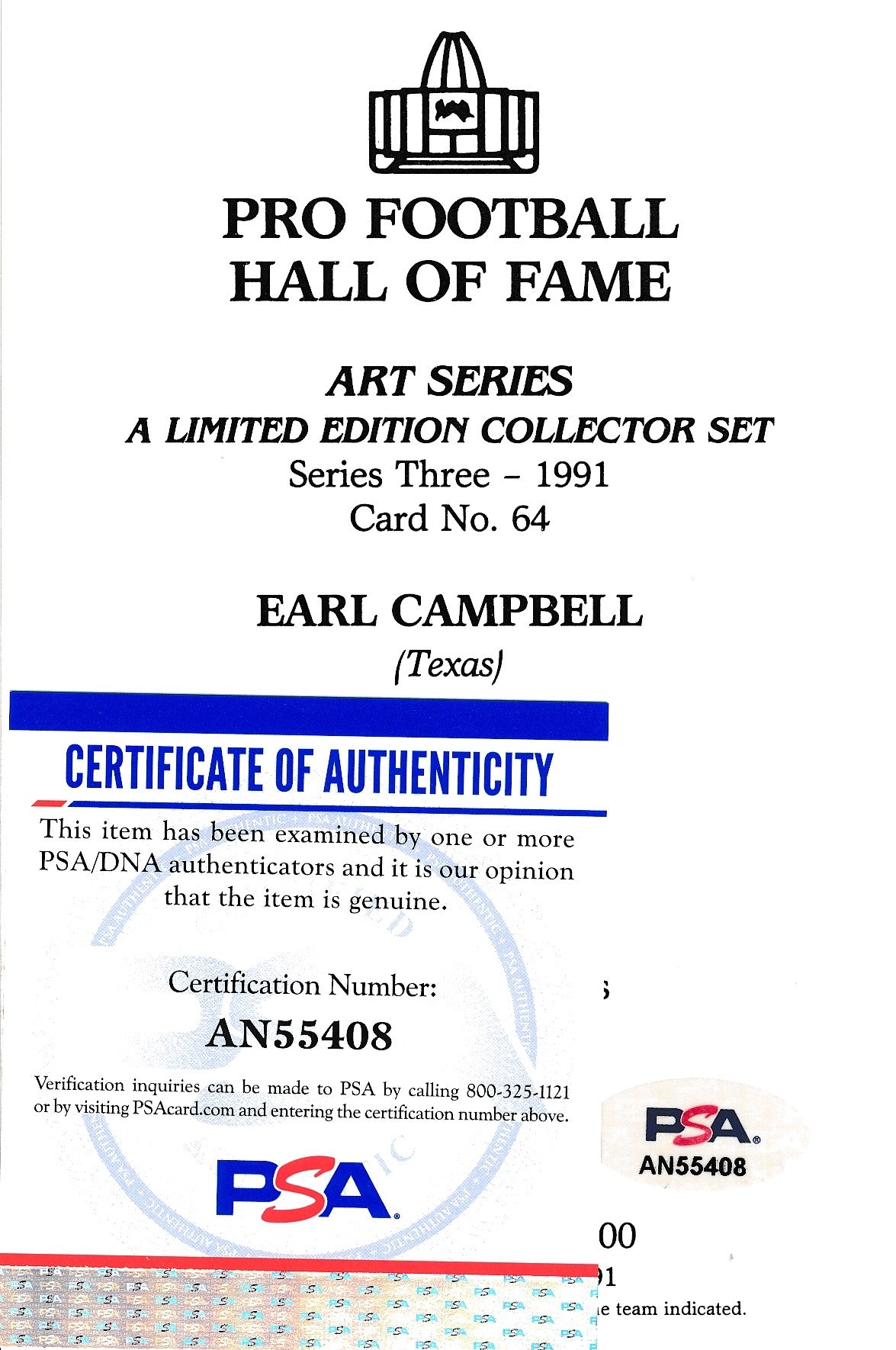 Earl Campbell HOF Oilers Signed 1991 GLAC/Goal Line Art Postcard PSA/DNA 186317