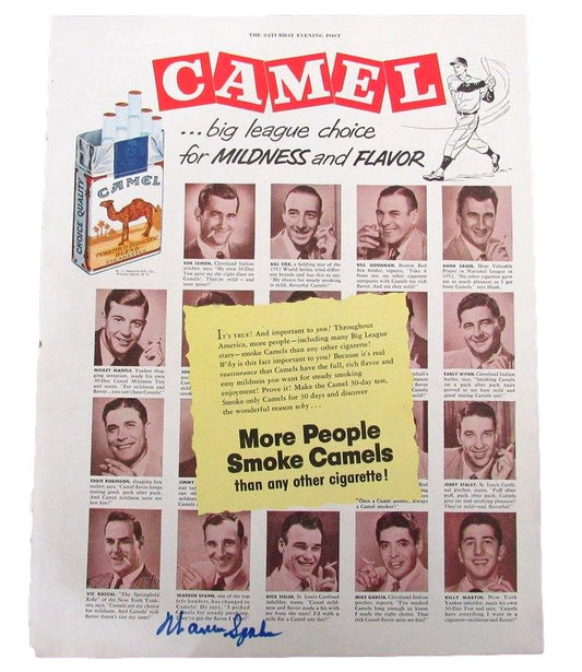 Warren Spahn HOF Signed Vintage CAMEL Ad from the Saturday Evening Post 185014