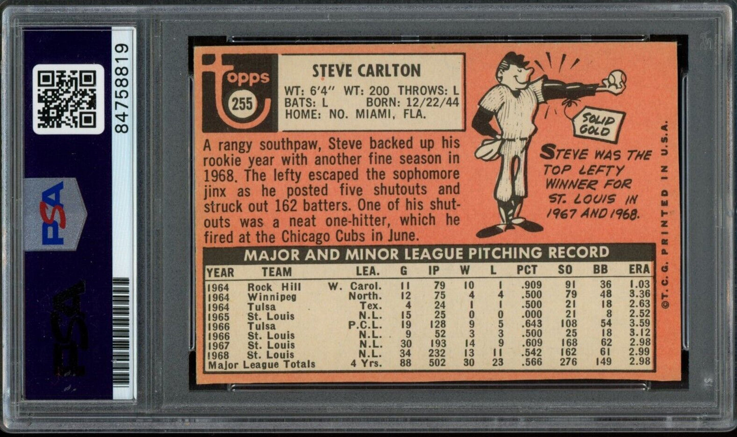 1969 TOPPS Steve Carlton HOF #255 Authentic Card Signed Cardinals PSA/DNA