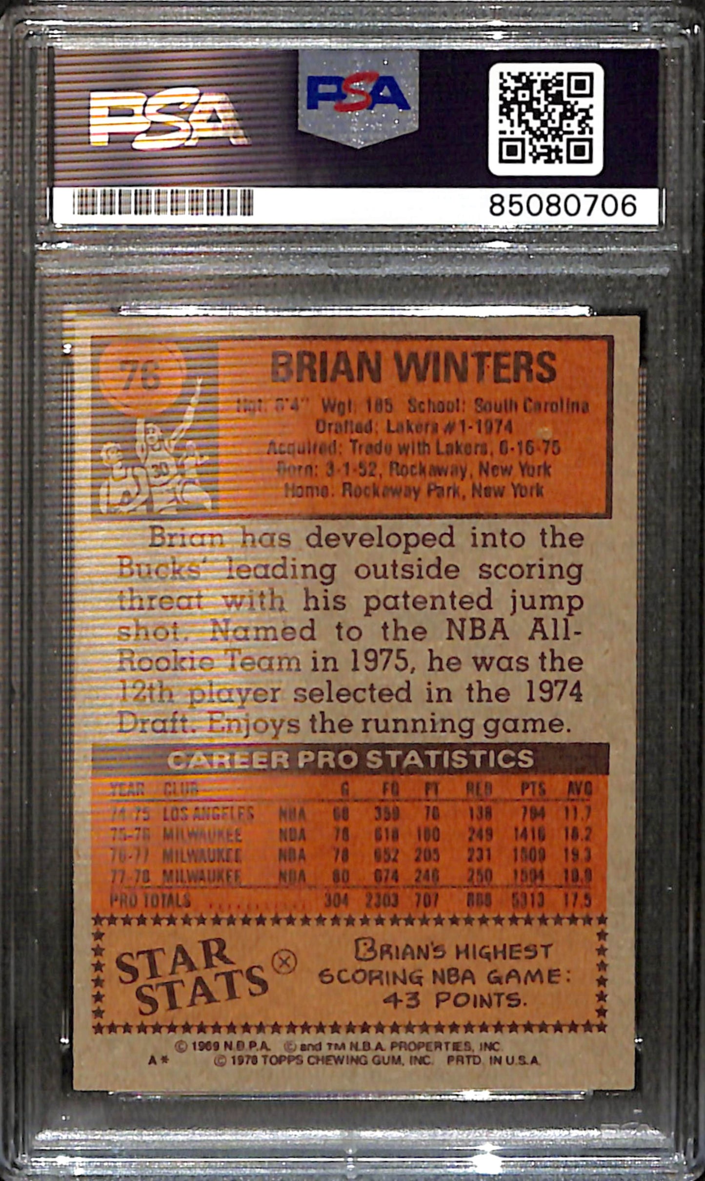 Brian Winters Signed/Auto 1978 Topps Card #76 Milwaukee Bucks PSA/DNA 185419