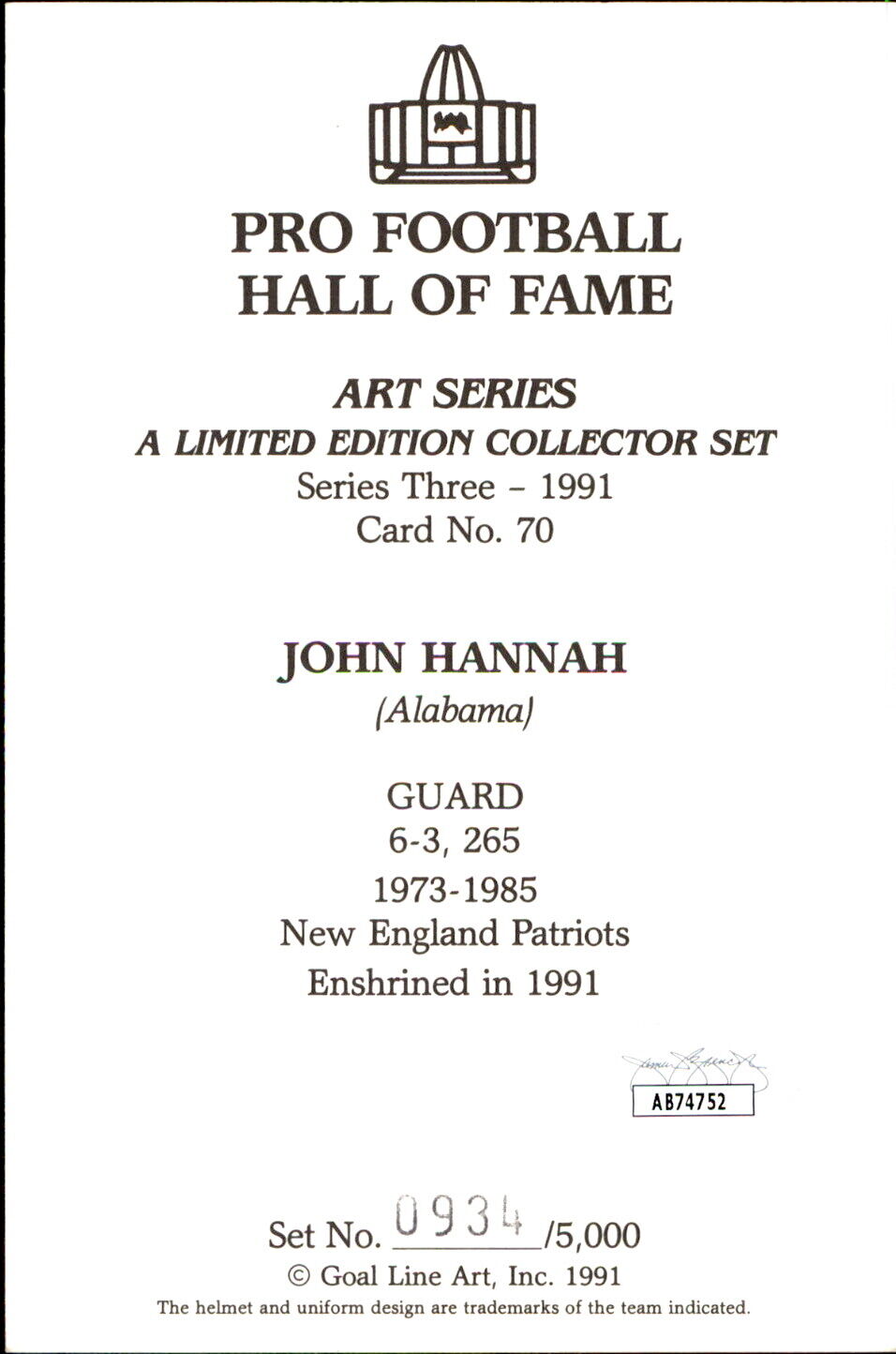 John Hannah HOF Autographed/Inscr Goal Line Art GLAC Postcard Patriots JSA